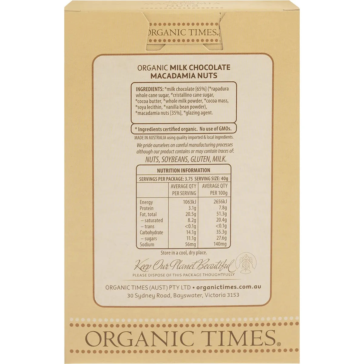Organic Times Milk Chocolate & Macadamia Nuts 150g