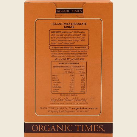 Organic Times Certified Organic Milk Chocolate & Ginger 150g
