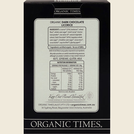 Organic Times Certified Organic Dark Chocolate & Licorice 150g