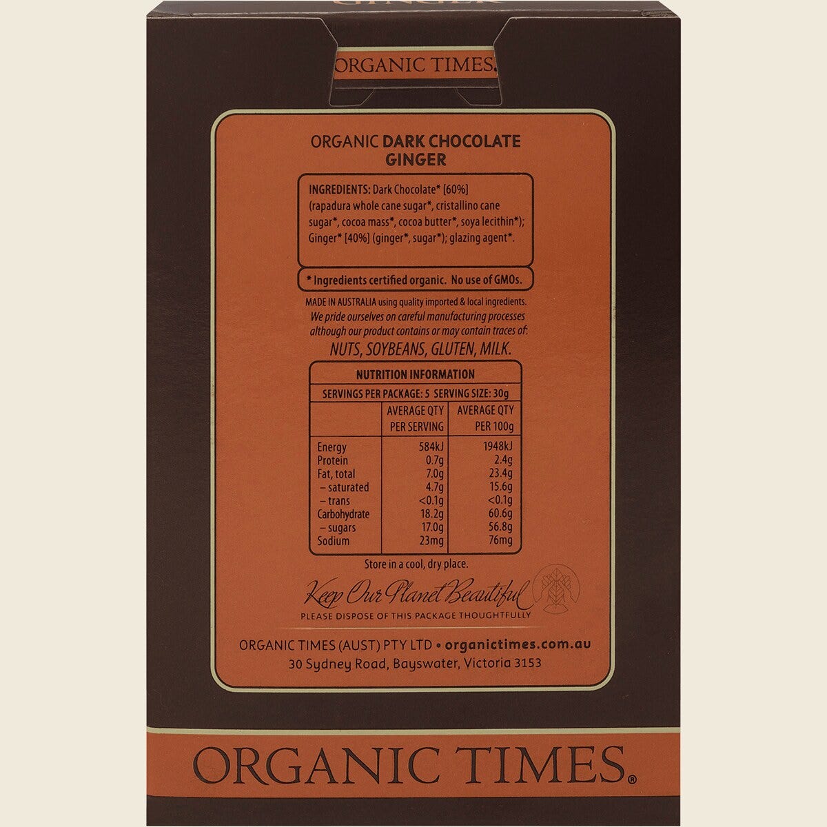 Organic Times Certified Organic Dark Chocolate & Ginger 150g