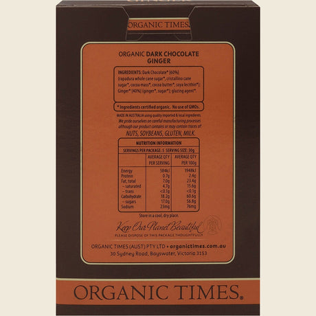 Organic Times Certified Organic Dark Chocolate & Ginger 150g