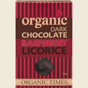 Organic Times Dark Chocolate Raspberry Licorice 150g Front
