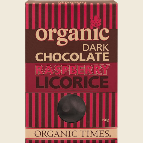 Organic Times Dark Chocolate Raspberry Licorice 150g Front
