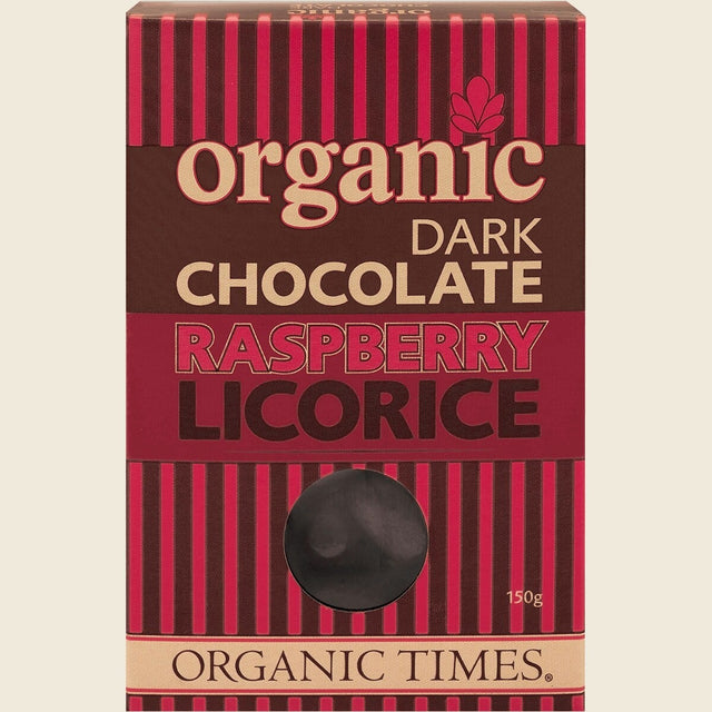 Organic Times Dark Chocolate Raspberry Licorice 150g Front