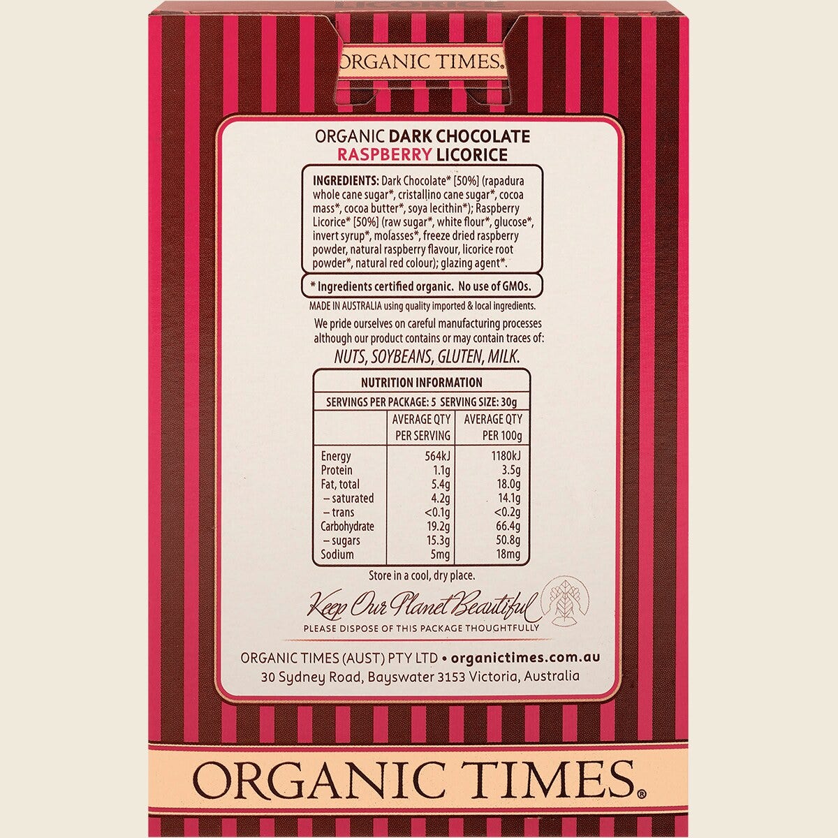 Organic Times Dark Chocolate Raspberry Licorice 150g Back