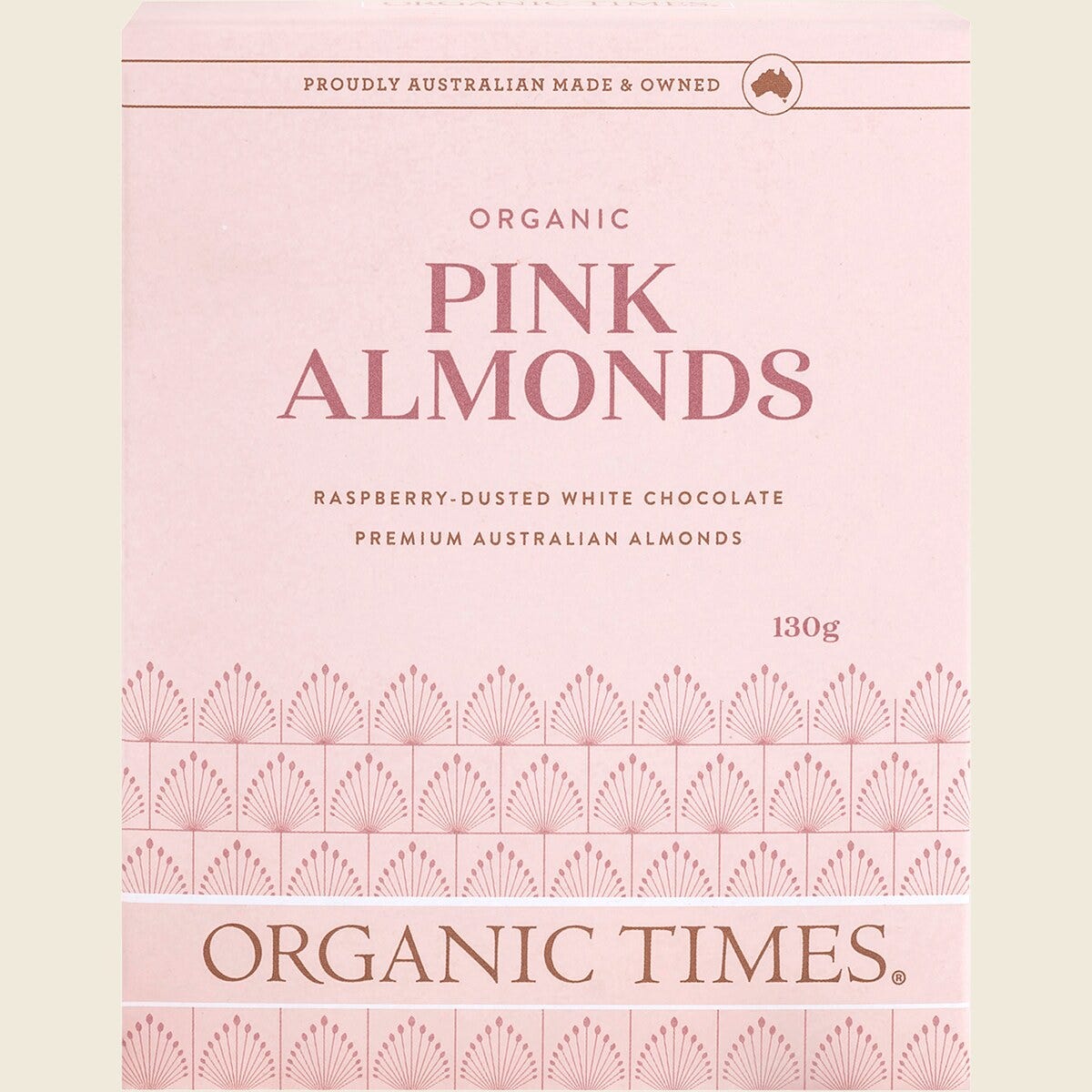 Organic Times Pink Raspberry Dusted White Choc Almonds 130g Front