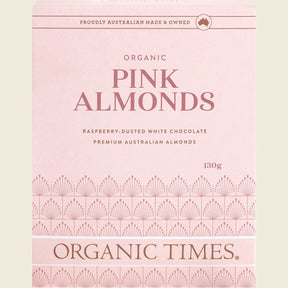 Organic Times Pink Raspberry Dusted White Choc Almonds 130g Front