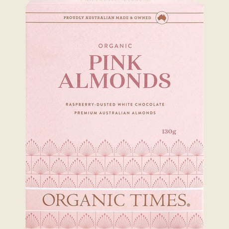 Organic Times Pink Raspberry Dusted White Choc Almonds 130g Front