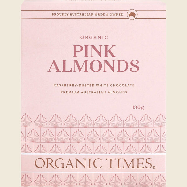 Organic Times Pink Raspberry Dusted White Choc Almonds 130g Front