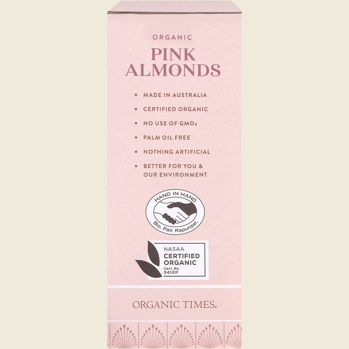 Organic Times Pink Raspberry Dusted White Choc Almonds 130g Right Side