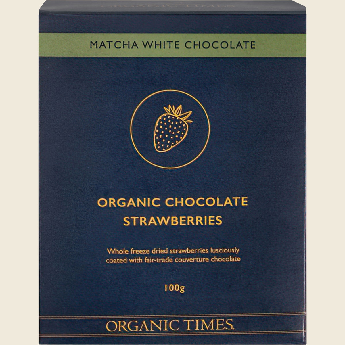 Organic Times Matcha White Chocolate Strawberries 100g Front
