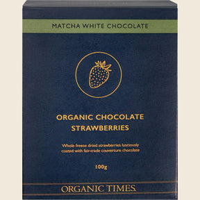 Organic Times Matcha White Chocolate Strawberries 100g Front