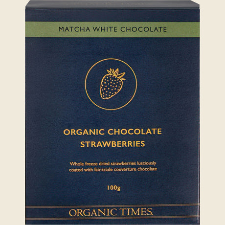 Organic Times Matcha White Chocolate Strawberries 100g Front