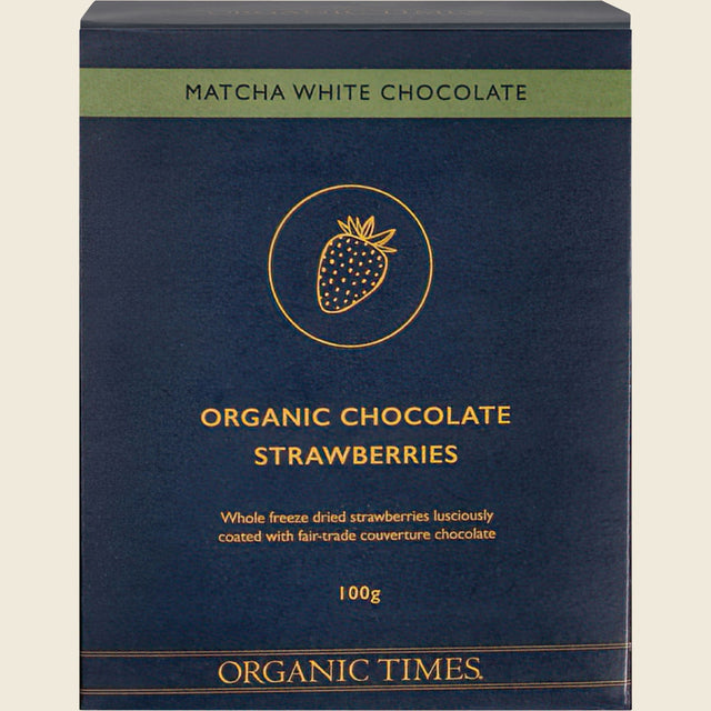Organic Times Matcha White Chocolate Strawberries 100g Front