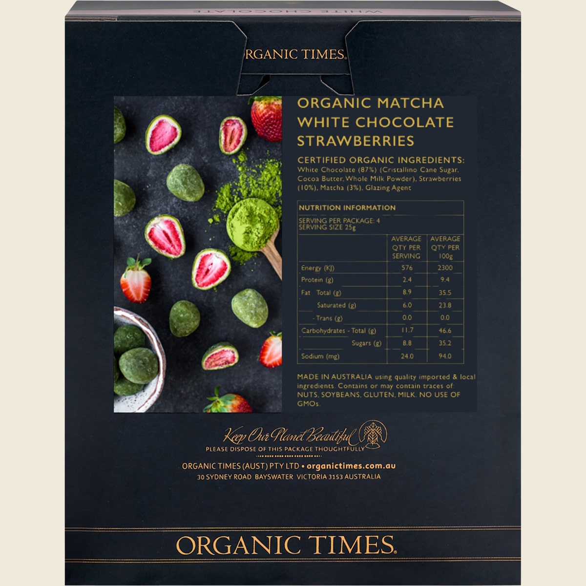 Organic Times Matcha White Chocolate Strawberries 100g Back