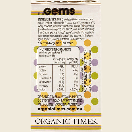 Organic Times Chocolate Little Gems 35g x 18-pack Back