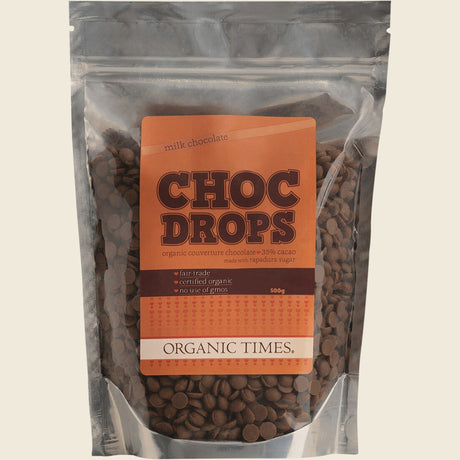 Organic Times Choc Drops Milk Couverture Drops 500g Front