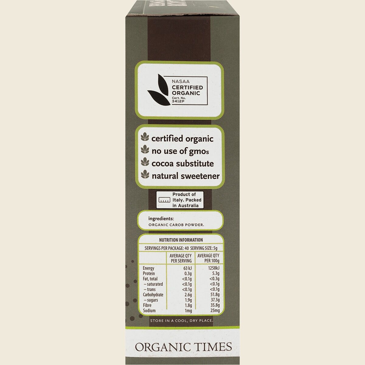 Organic Times Carob Powder 200g Right Side