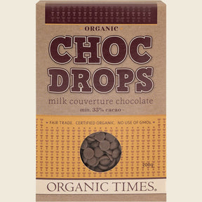 Organic Times Choc Drops Milk Couverture Drops 200g Front