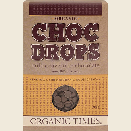 Organic Times Choc Drops Milk Couverture Drops 200g Front