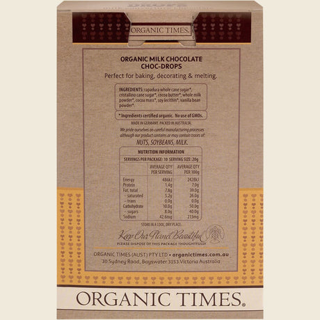 Organic Times Choc Drops Milk Couverture Drops 200g Back