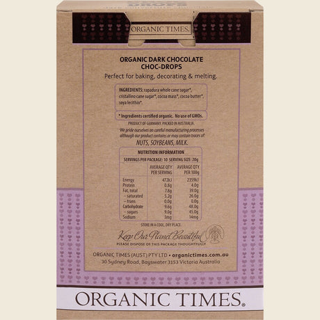 Organic Times Choc Drops Dark Couverture Drops 200g Back