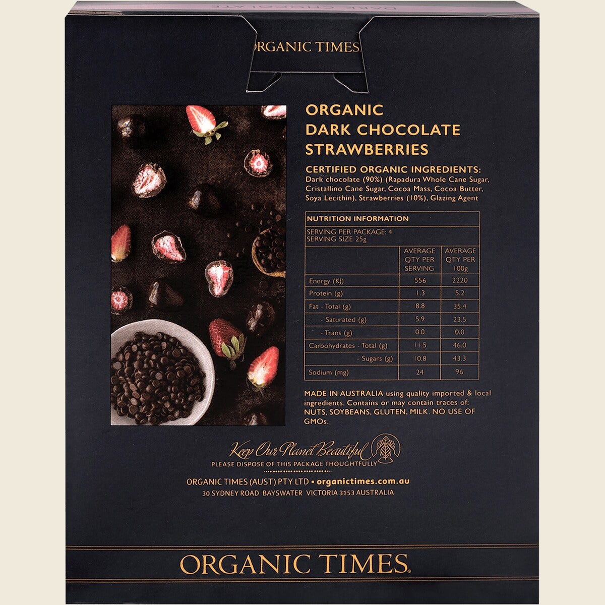 Organic Times Dark Chocolate Strawberries 100g Back