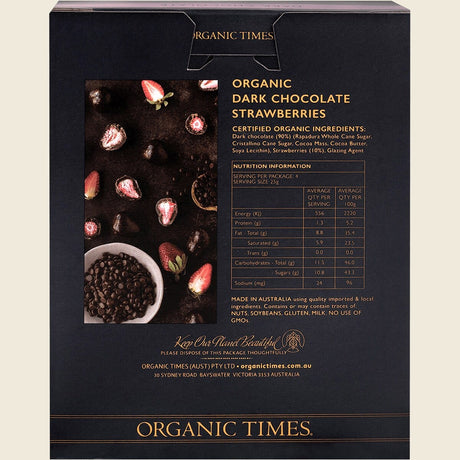 Organic Times Dark Chocolate Strawberries 100g Back