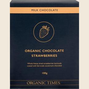 Organic Times Milk Chocolate Strawberries 100g Front