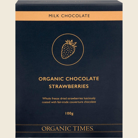 Organic Times Milk Chocolate Strawberries 100g Front