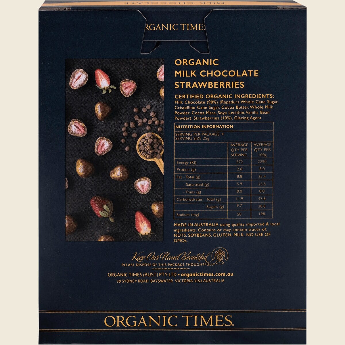Organic Times Milk Chocolate Strawberries 100g Back
