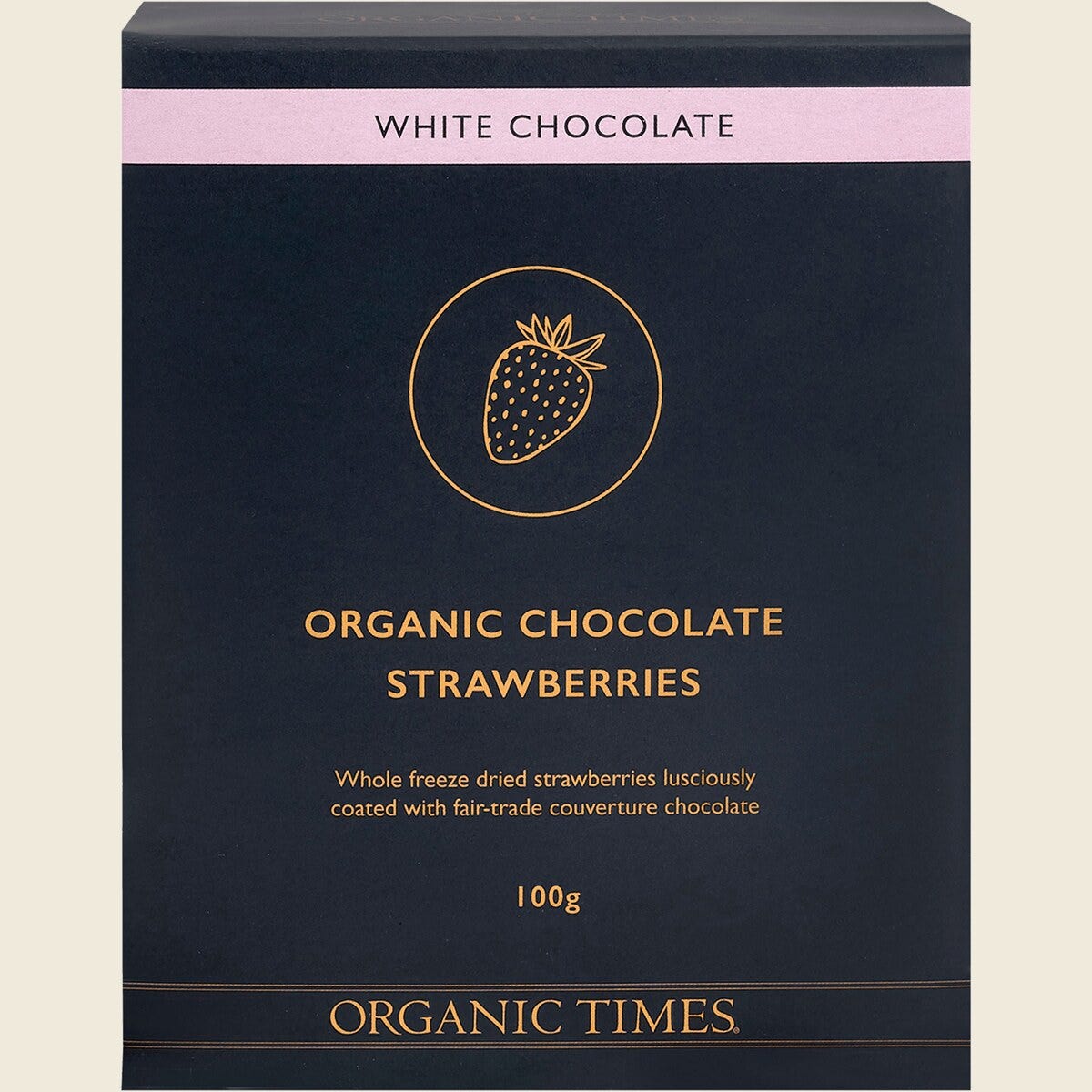 Organic Times White Chocolate Strawberries 100g Front