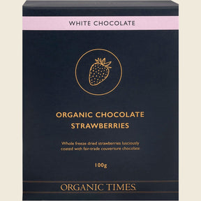 Organic Times White Chocolate Strawberries 100g Front