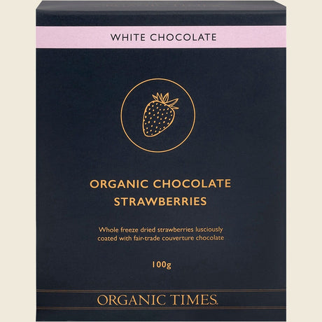 Organic Times White Chocolate Strawberries 100g Front