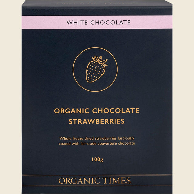 Organic Times White Chocolate Strawberries 100g Front