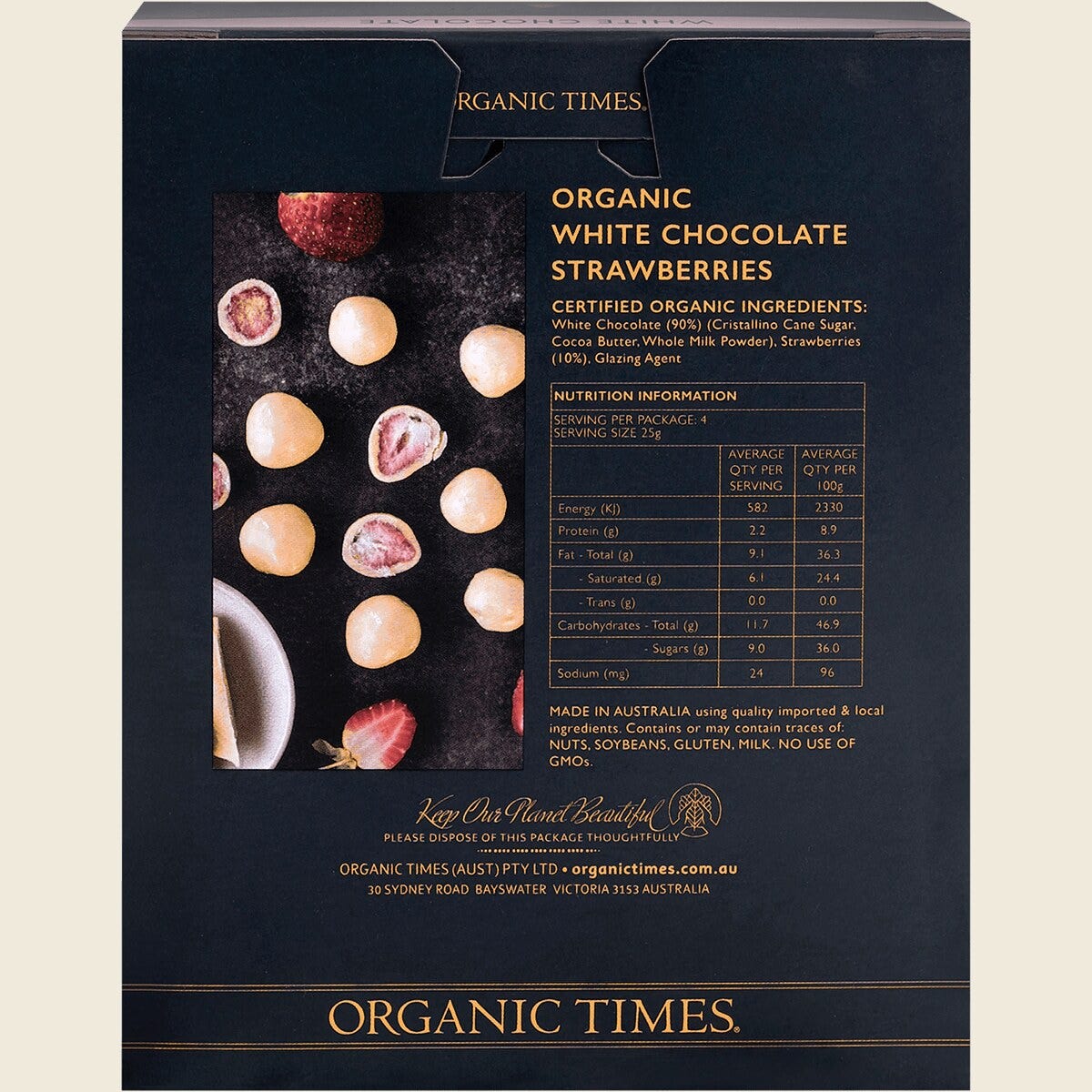Organic Times White Chocolate Strawberries 100g Back