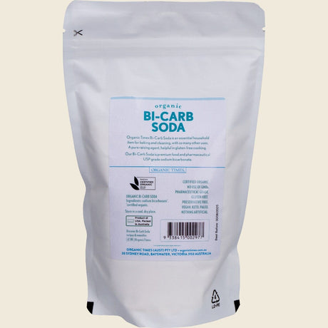 Organic Times Bi-Carb Soda Organic Pharmaceutical Grade 500g Back