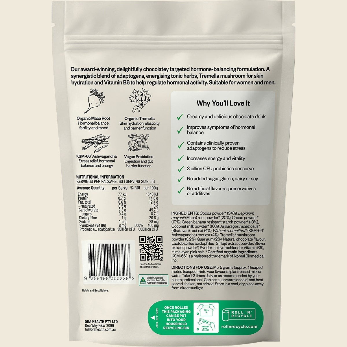 Ora Health Hormonal Balance Chocolate 300g back label