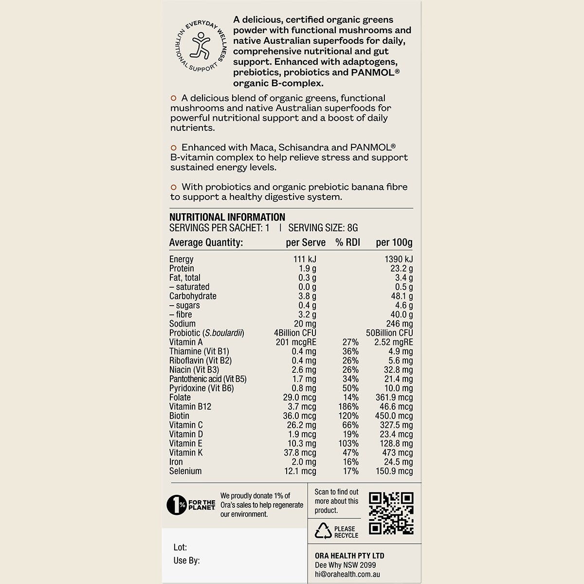 Ora Health Organic Greens Superpowder+ 7 x 8g sachets back label