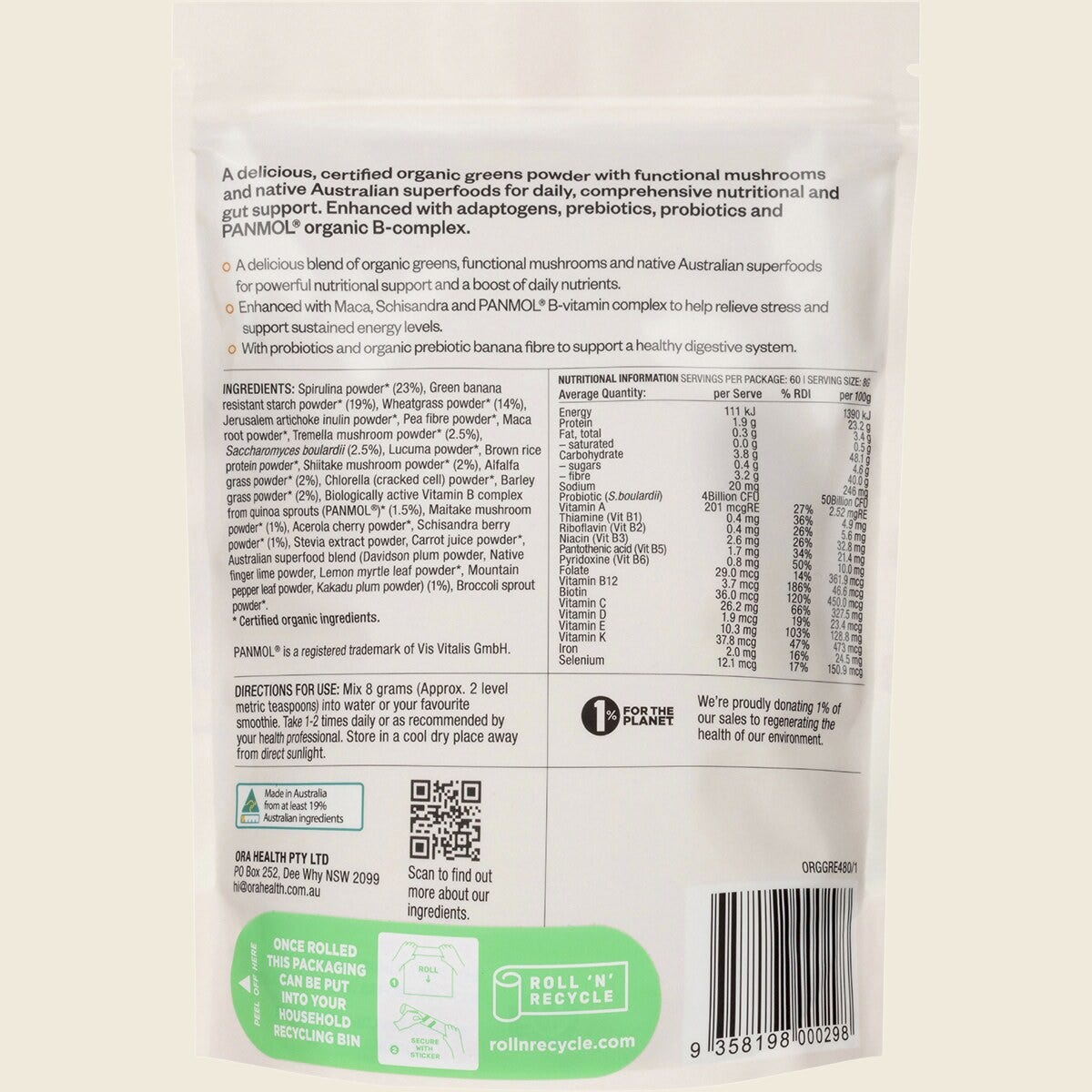 Ora Health Organic Greens Superpowder+ 480g back label