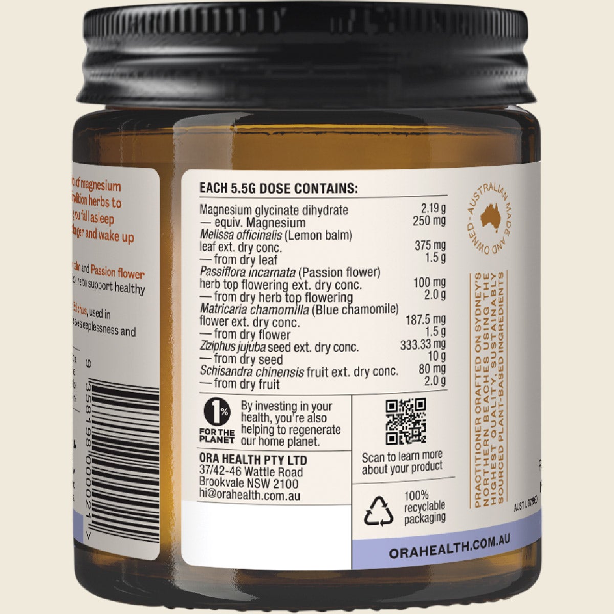 Ora Health Profound Sleep Powder 165g right side label