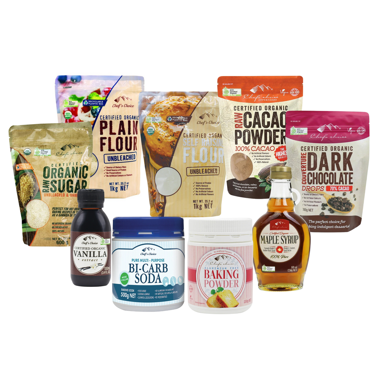 Organic Baking Essentials Bundle with Chef’s Choice organic plain flour, self raising flour, raw sugar, cacao, dark chocolate drops, vanilla extract and maple syrup