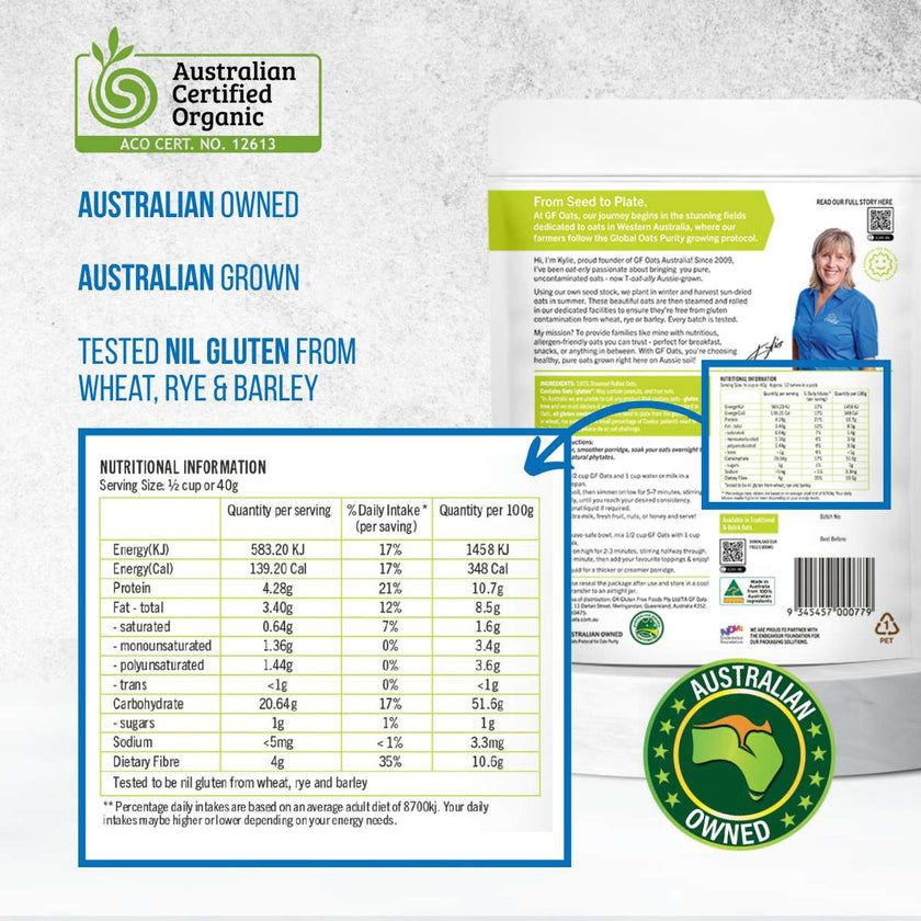 Gloriously Free Certified Organic Oats 500g nutritonal information
