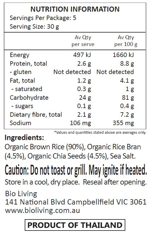 Perfect Earth Organic Brown Rice Cakes With Chia Seeds 150g Nutritional Information