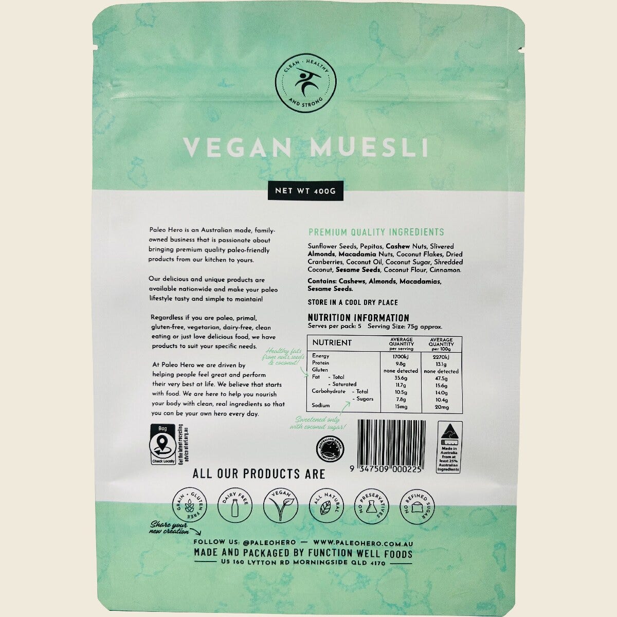 Paleo Hero Vegan Muesli 400g back