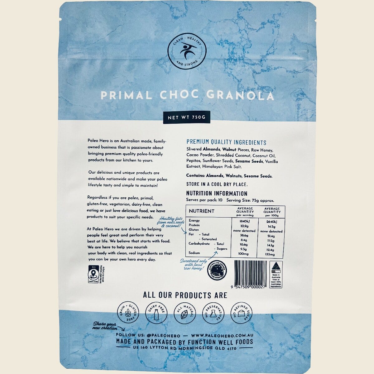 Paleo Hero Primal Choc Granola 750g back