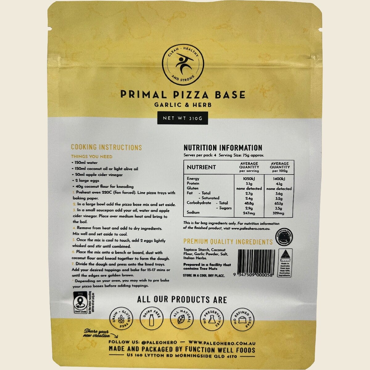 Paleo Hero Primal Pizza Base Mix Garlic & Herb 310g back