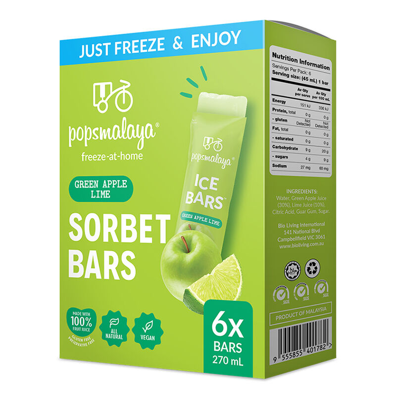 Pops Malaya Freeze-at-home Sorbet Bars - Green Apple Lime 6x45ml
