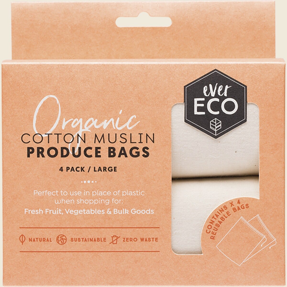 Ever Eco Reusable Produce Bags Organic Cotton Muslin 4 Pack
