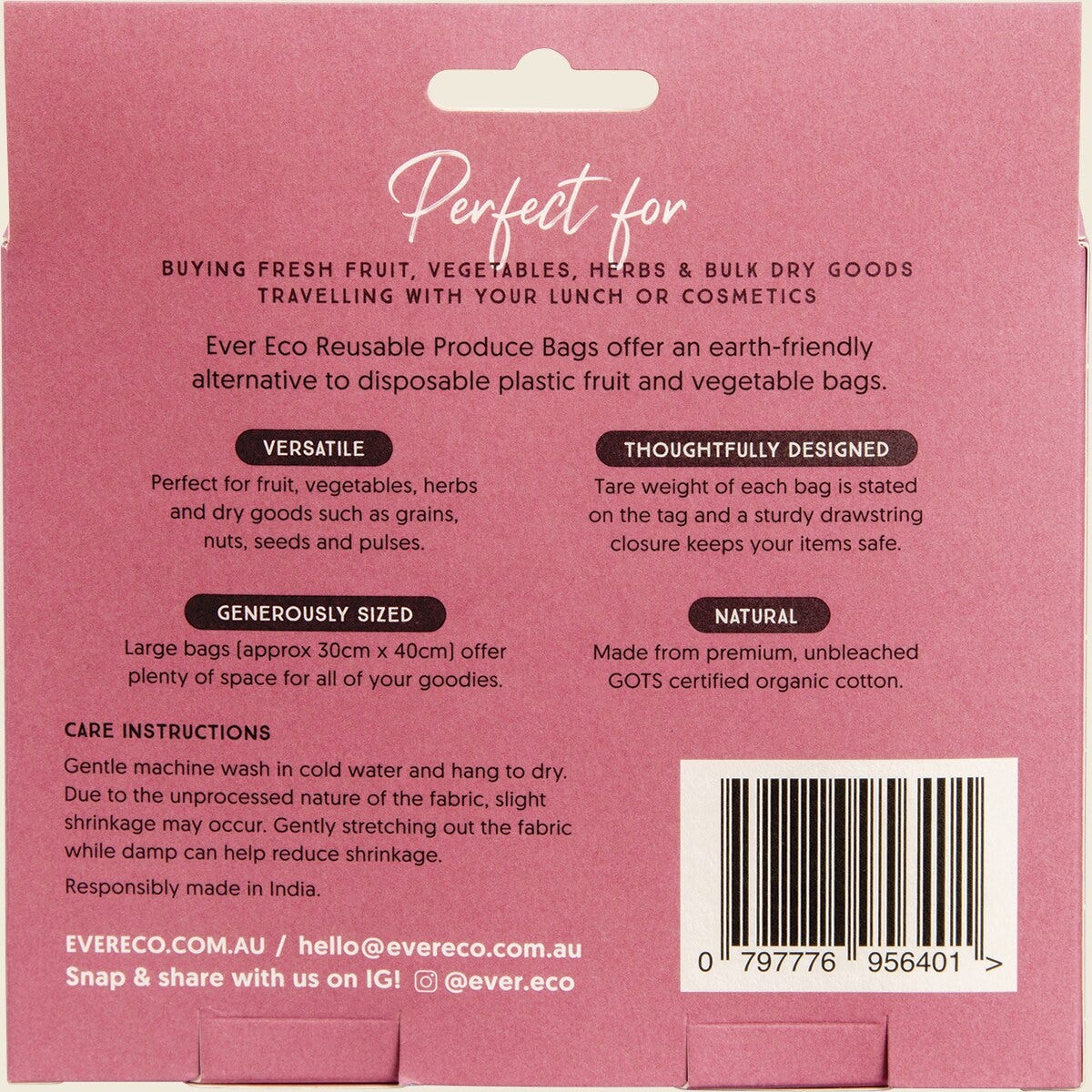 Ever Eco Reusable Produce Bags Organic Cotton Mixed Set 4 Pack